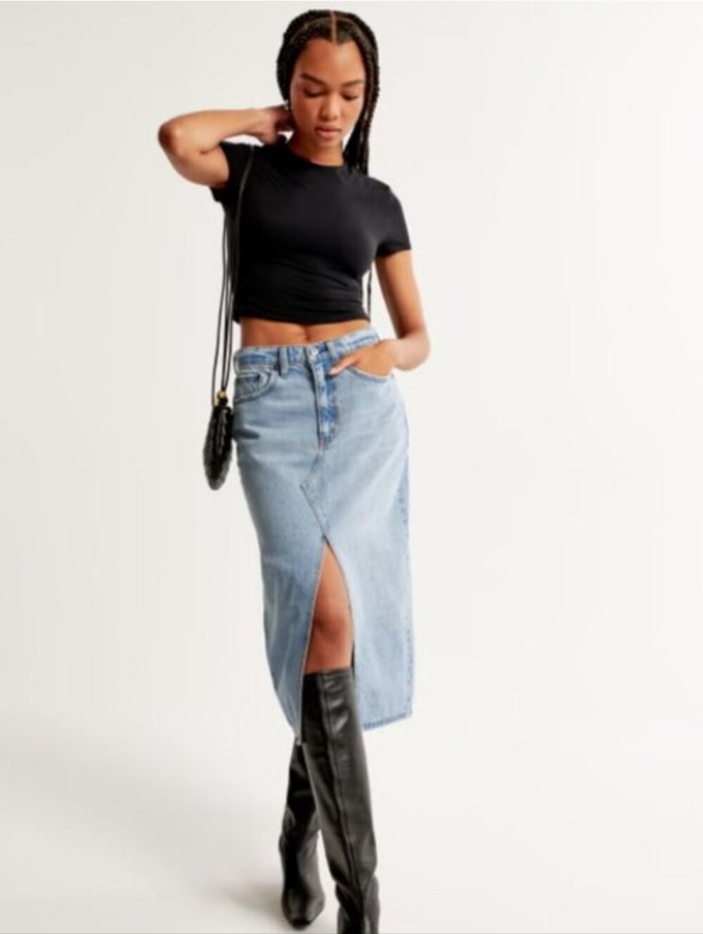 Abercrombie & Fitch High Rise Denim Midi Skirt Front Slit Light Wash Size 10